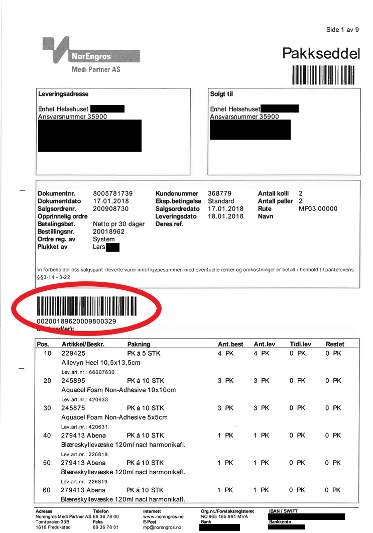 Aktiv Forosyning - pakkseddel fra leverandør